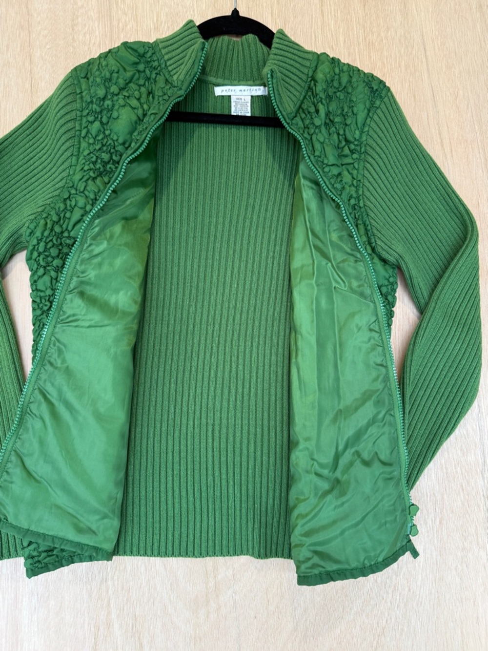 Vtg Peter Martin Green Popcorn Knit Quilted Sweater Cardigan Jacket Lagenlook L - Picture 3 of 10